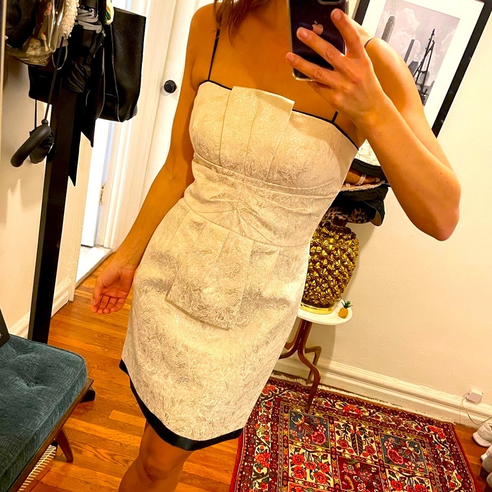 Vintage BCBG Paris Party Dress Brocade White Black Spaghetti Strap Bow Mini